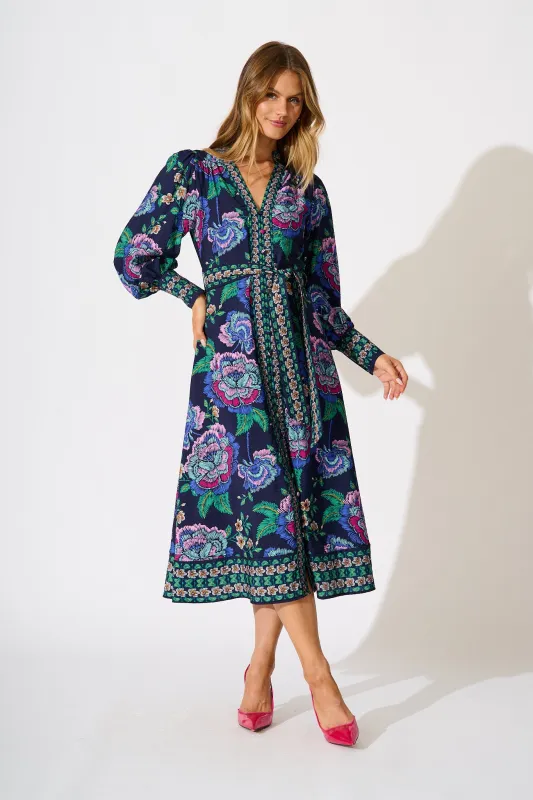 Evelina Midi Dress in Navy with Multi Floral sold by St Frock
