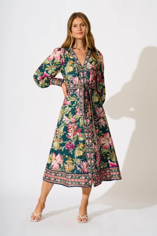 Evelina Midi Dress in Green with Multi Floral sold by St Frock