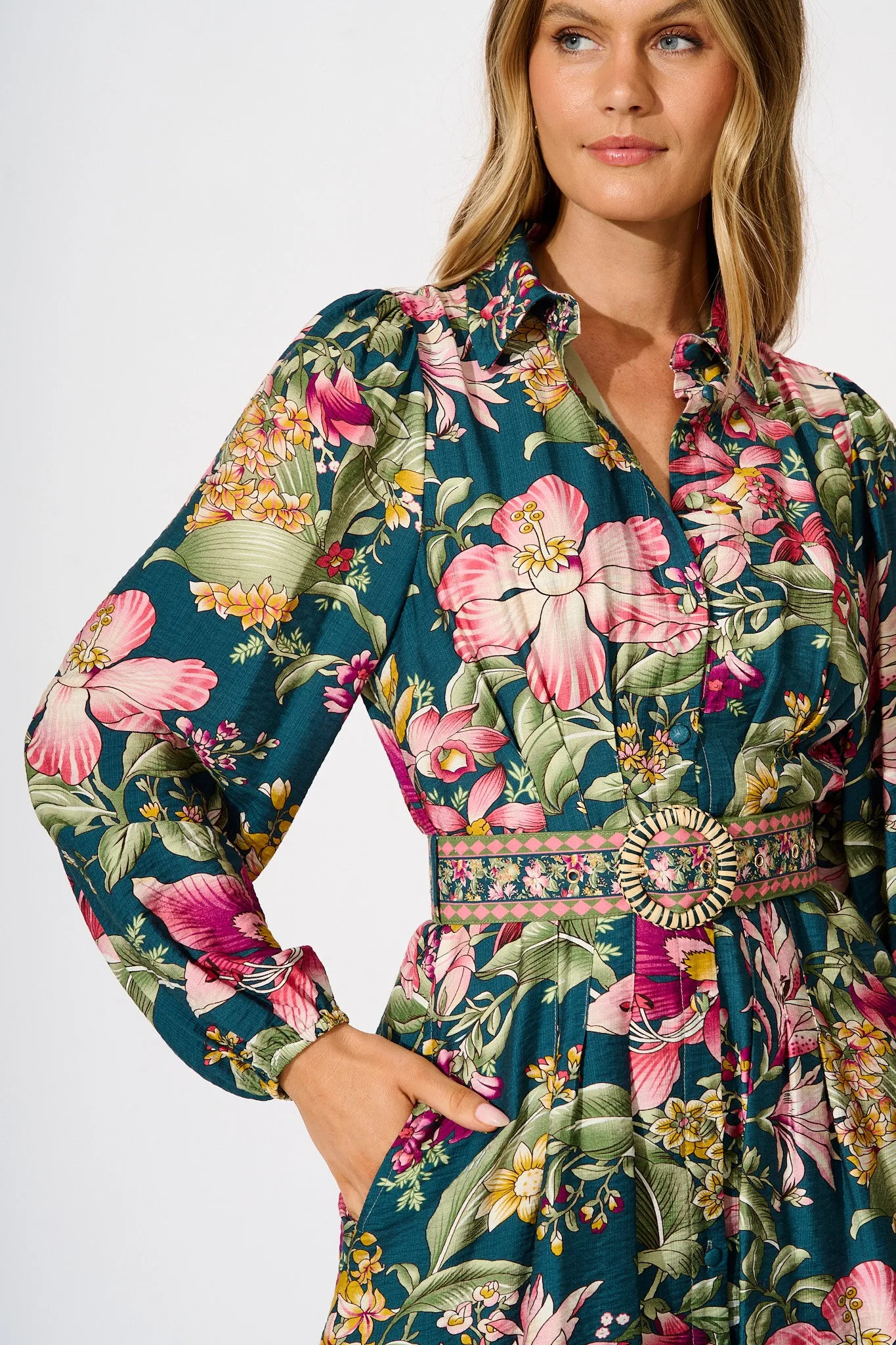 Charlene Shirt Dress in Green with Multi Floral sold by St Frock product image thumbnail 5