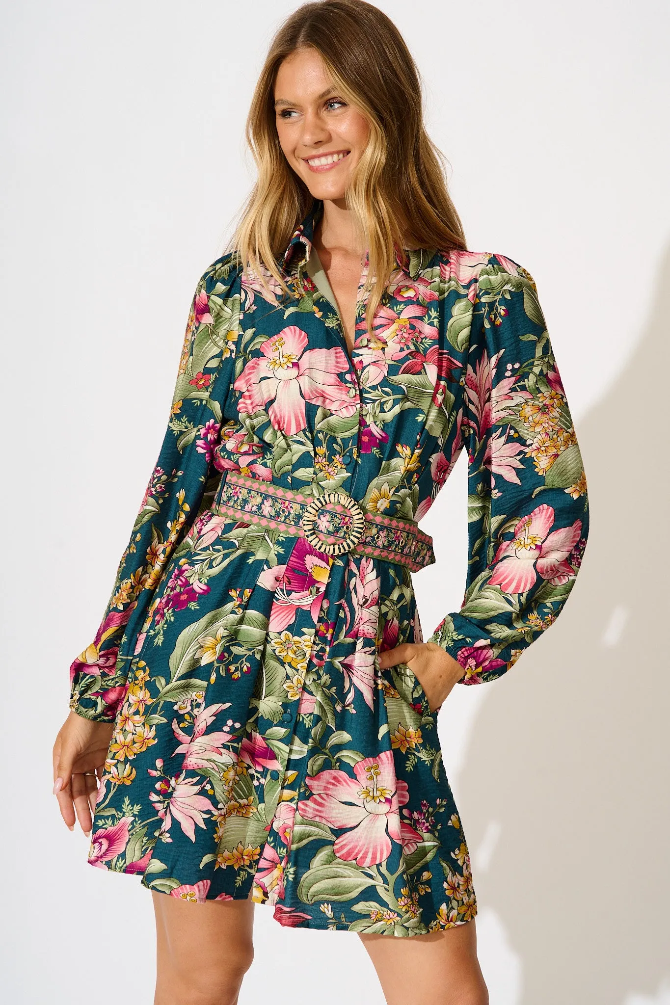 Charlene Shirt Dress in Green with Multi Floral sold by St Frock product image thumbnail 2