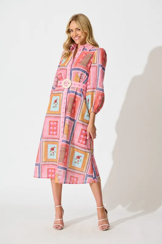Floral Mirage Midi Shirt Dress in Pink Multi Floral Tile Print sold by St Frock
