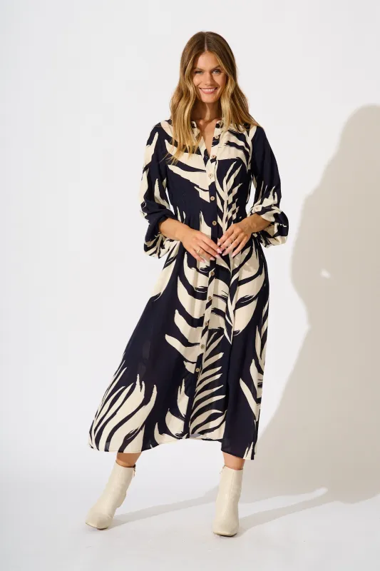 Dreamscape Midi Shirt Dress in Navy and Cream Print sold by St Frock