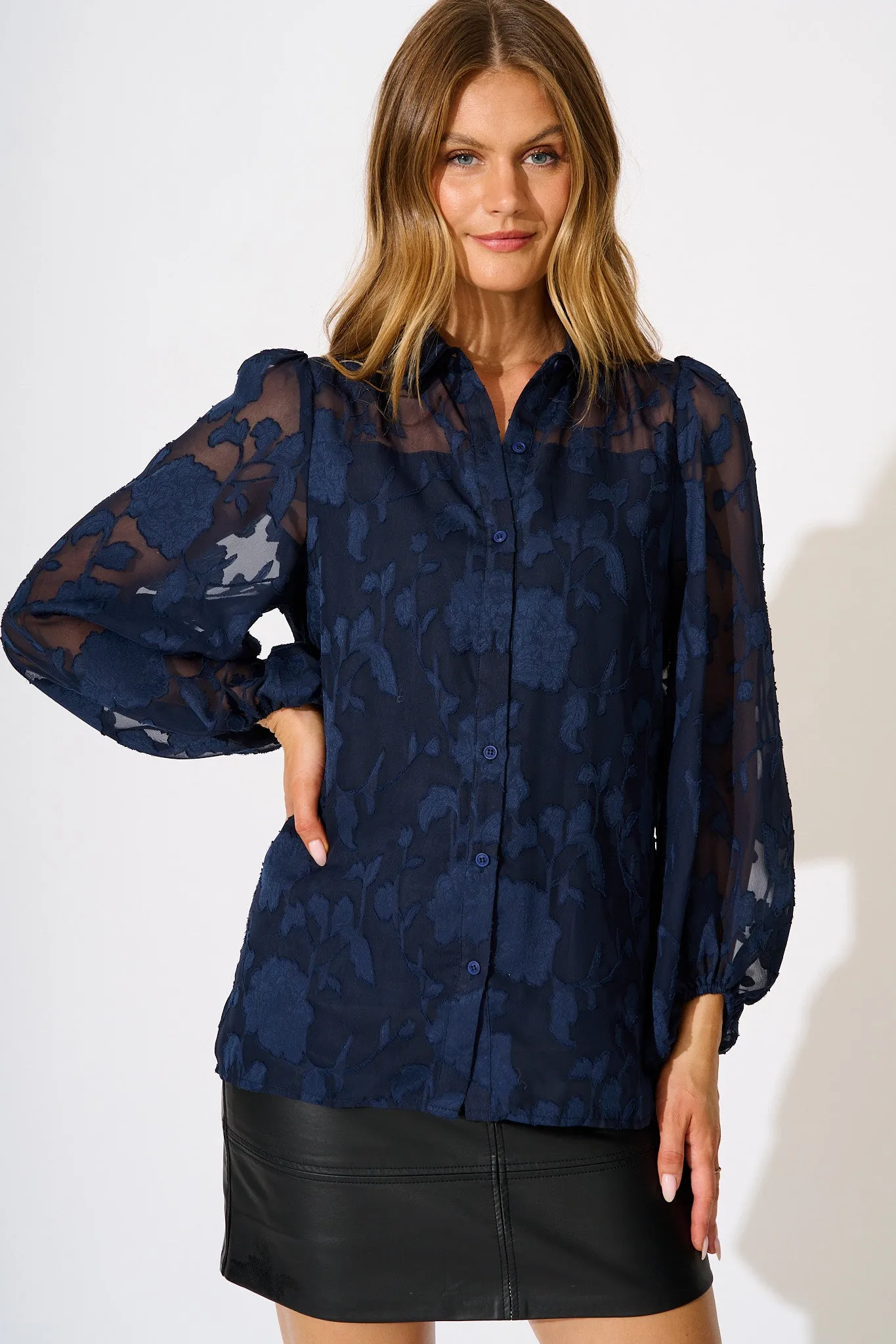 Celestial Shirt in Navy Floral Burnout Chiffon sold by St Frock