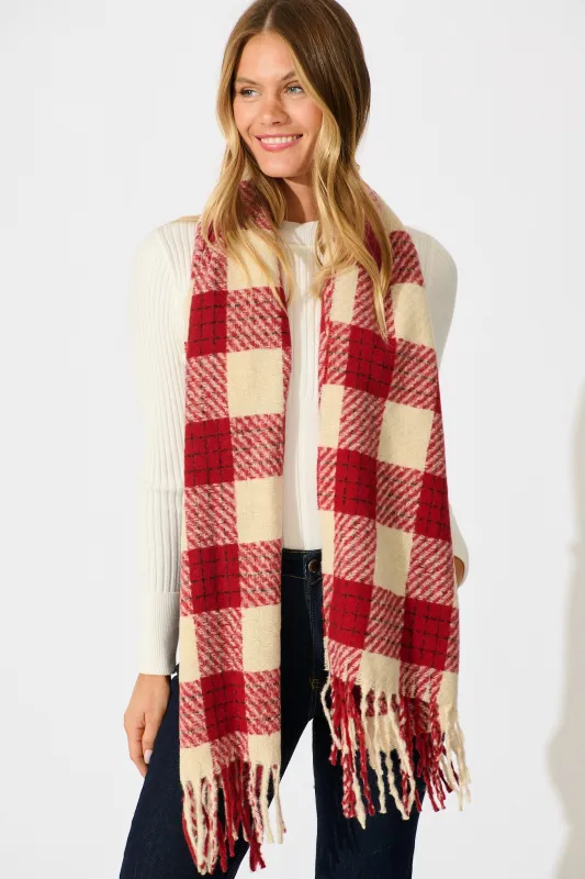 Brooklyn Oversized Knit Scarf In Wine Check sold by St Frock
