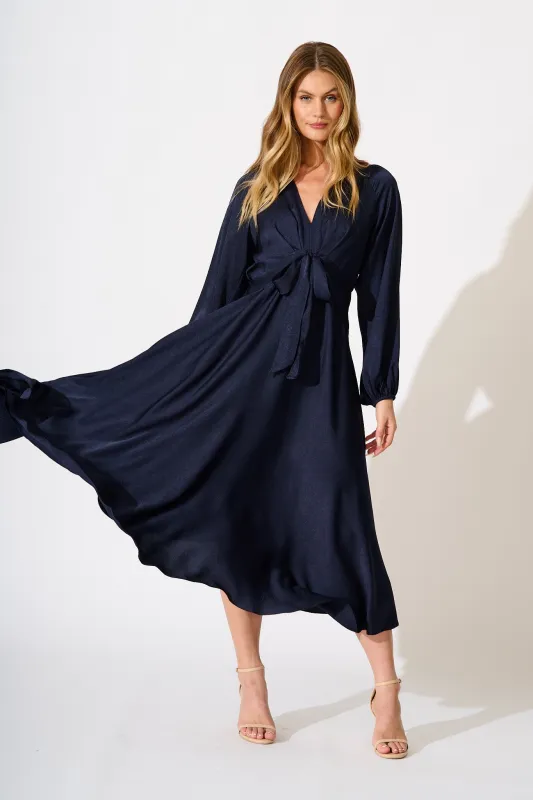 Veiled Illusion Maxi Dress in Navy Satin sold by St Frock