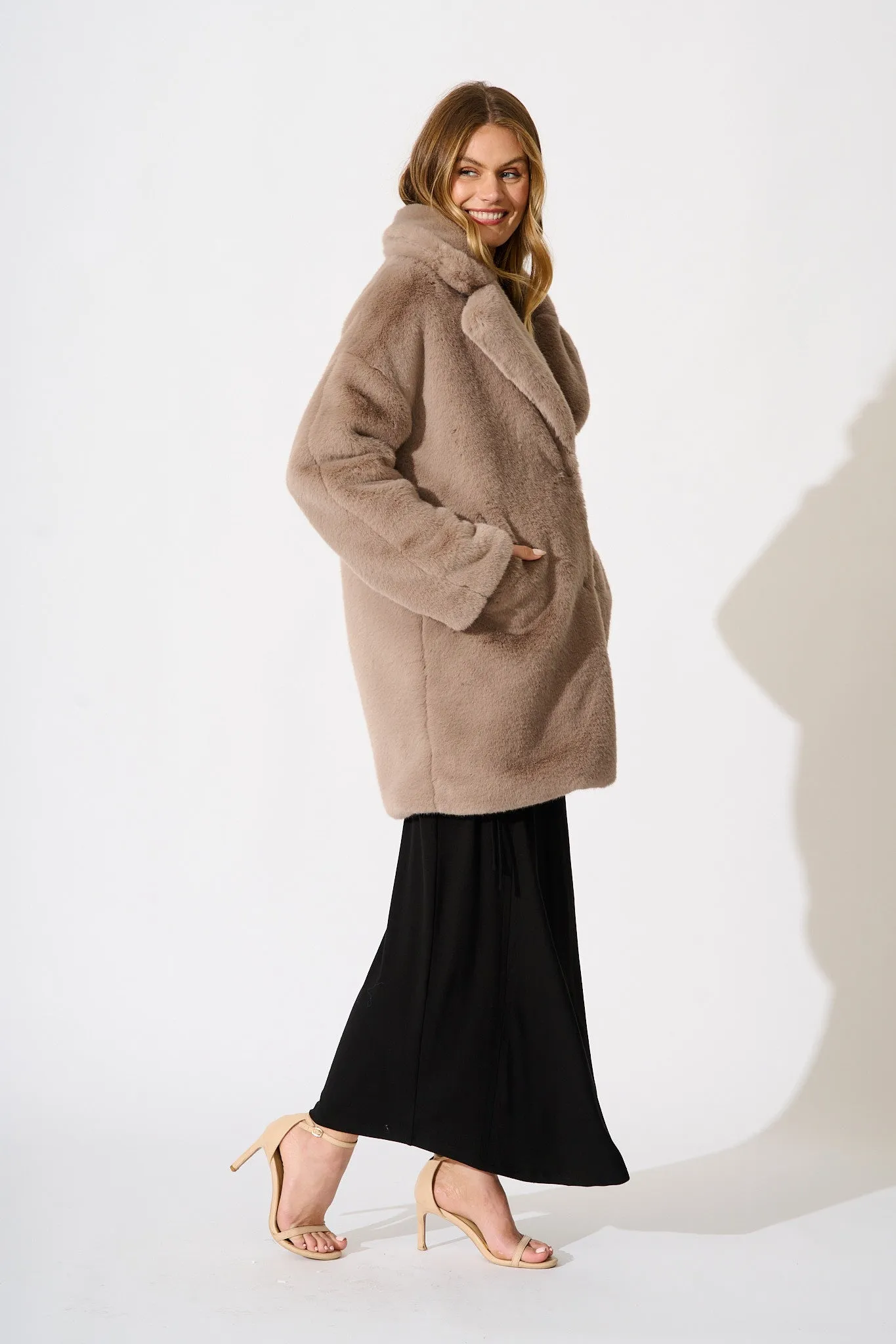 Glacier Faux Fur Coat In Taupe sold by St Frock product image thumbnail 3