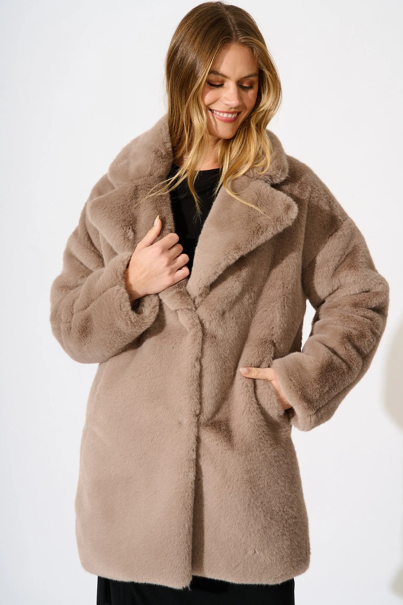 Glacier Faux Fur Coat In Taupe sold by St Frock product image thumbnail 2