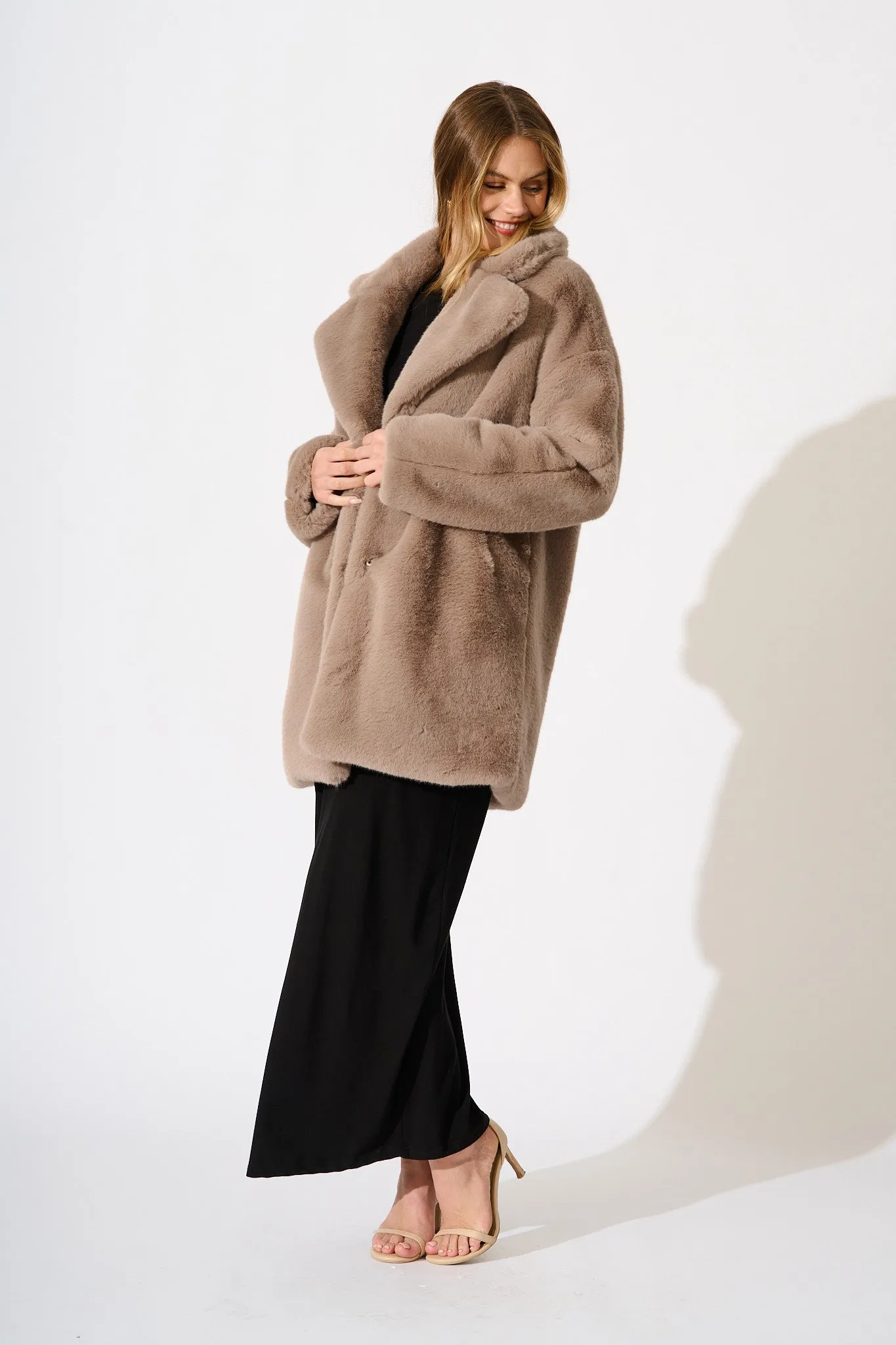 Glacier Faux Fur Coat In Taupe sold by St Frock
