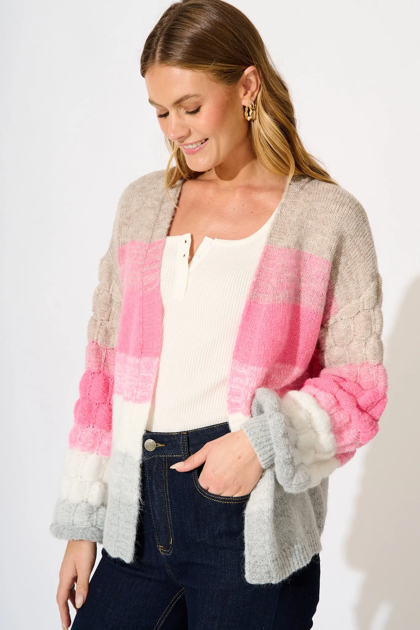 Darbie Knit Cardigan in Pink with Grey Stripe Wool Blend sold by St Frock product image thumbnail 2