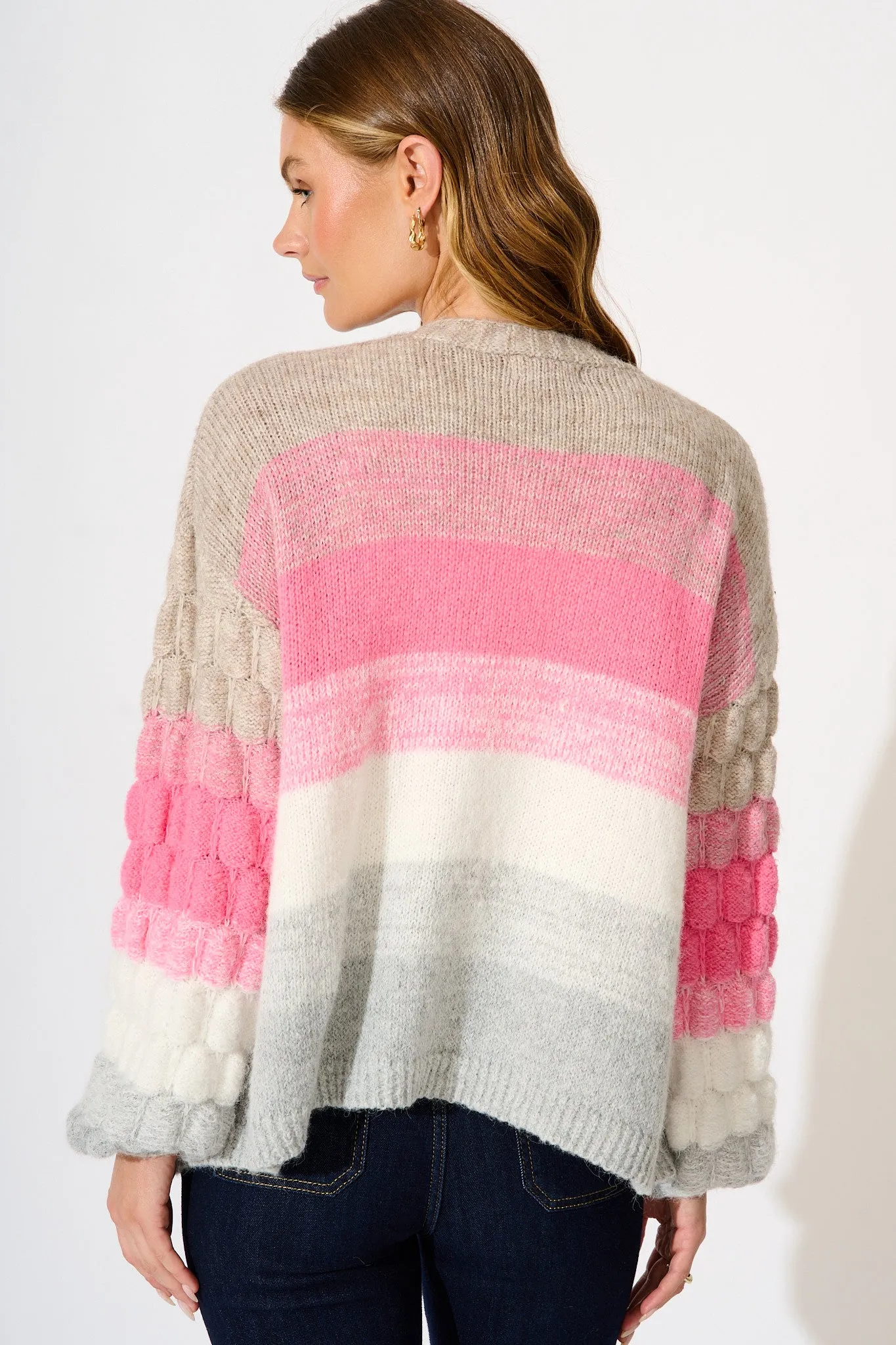 Darbie Knit Cardigan in Pink with Grey Stripe Wool Blend sold by St Frock product image thumbnail 3