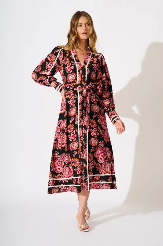 Lumina Midi Dress in Black and Red with Contrast Trim sold by St Frock