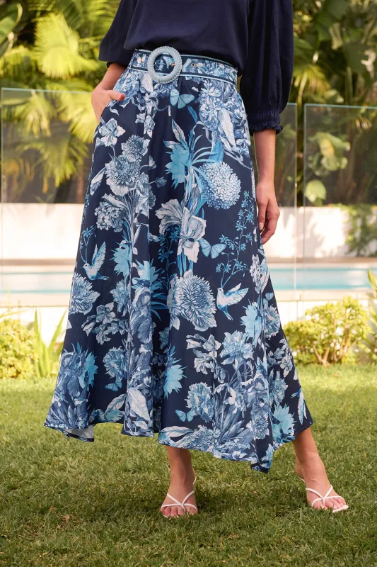 Riviera Maxi Skirt in Navy with Blue Floral Linen Blend sold by St Frock