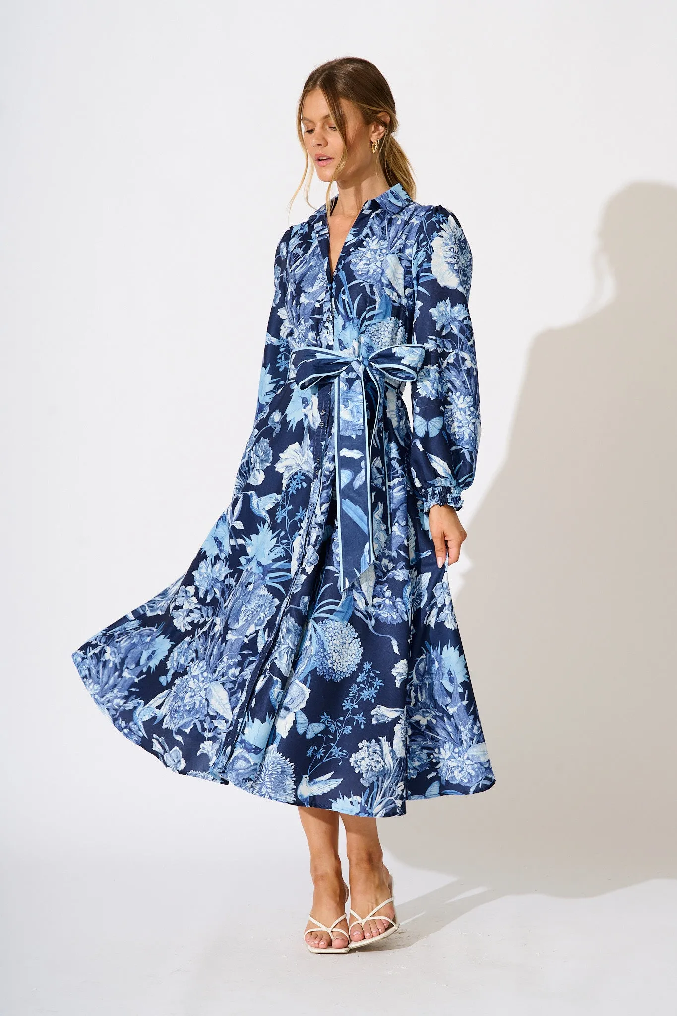Enchanted Wave Maxi Shirt Dress in Navy with Blue Floral Linen Blend sold by St Frock product image thumbnail 2