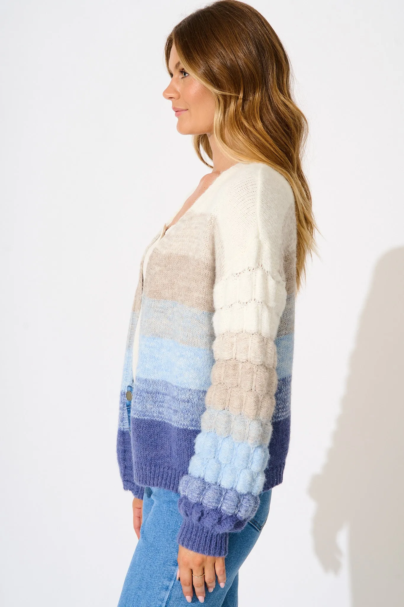 Darbie Knit Cardigan in Blue with Grey Stripe Wool Blend sold by St Frock product image thumbnail 5