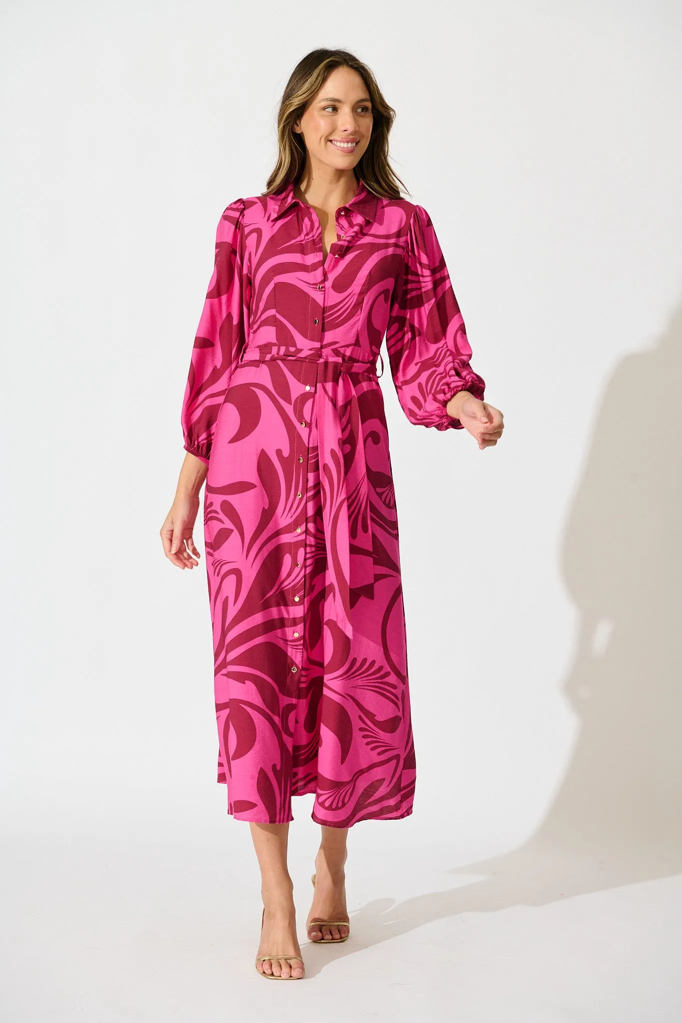 Lorna Maxi Shirt Dress in Pink with Wine Print sold by St Frock product image thumbnail 2