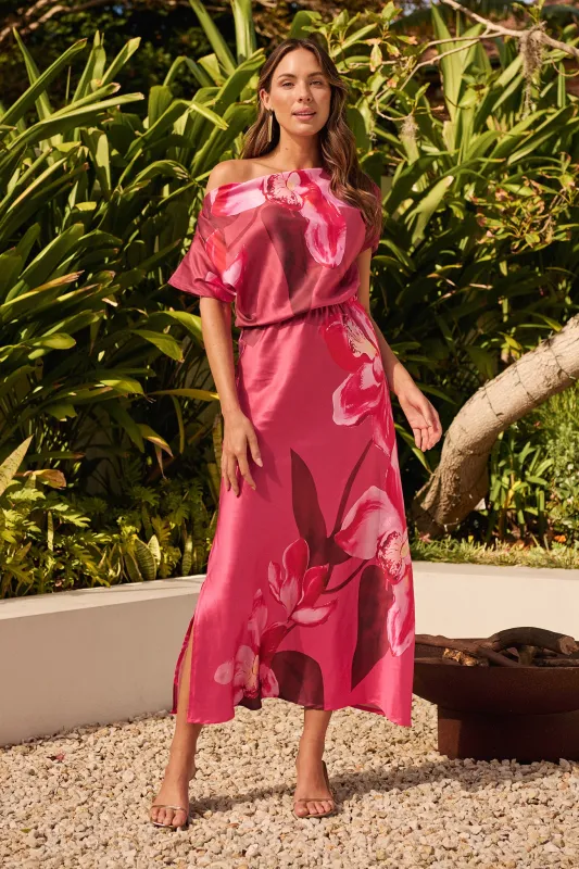 Sarita Maxi Off Shoulder Dress in Multi Pink Floral Satin sold by St Frock