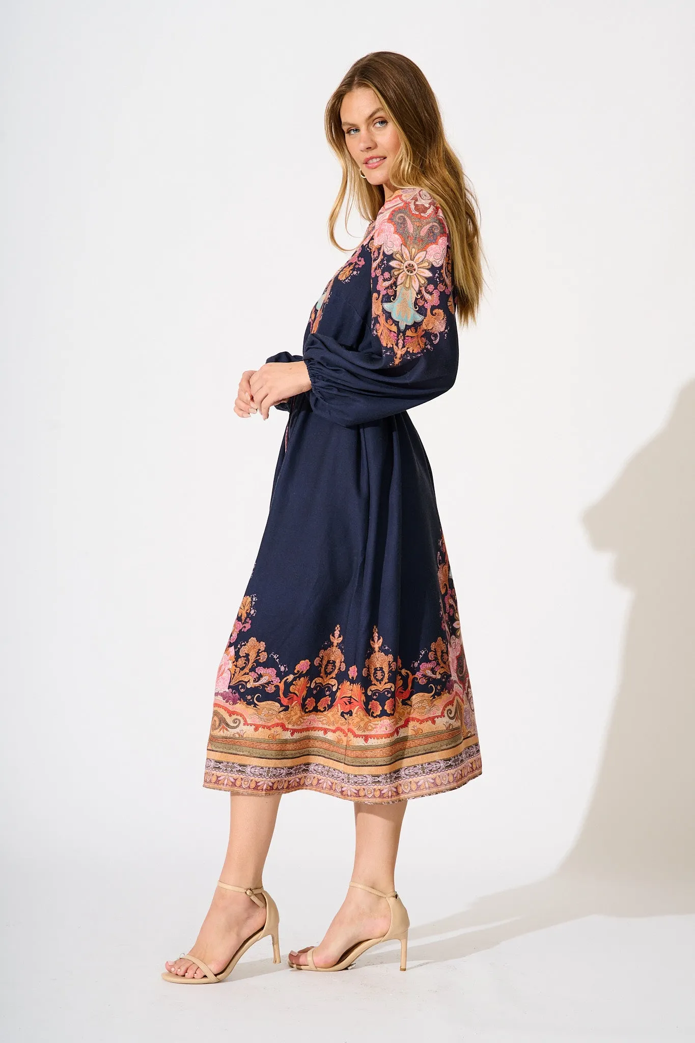 Poppy Midi Dress in Navy with Rust Print Linen Blend sold by St Frock product image thumbnail 3