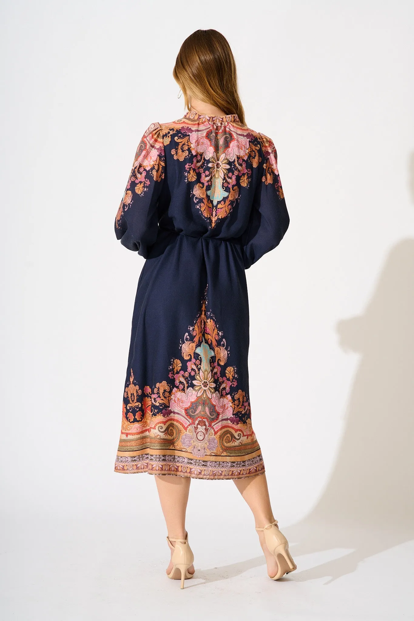 Poppy Midi Dress in Navy with Rust Print Linen Blend sold by St Frock product image thumbnail 4