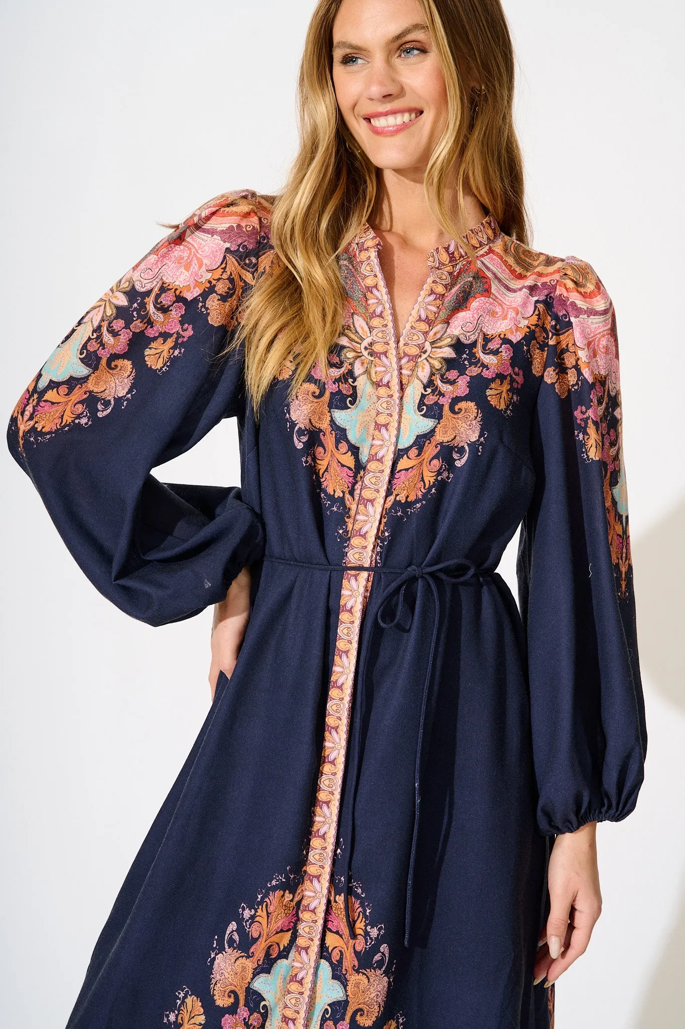 Poppy Midi Dress in Navy with Rust Print Linen Blend sold by St Frock product image thumbnail 2