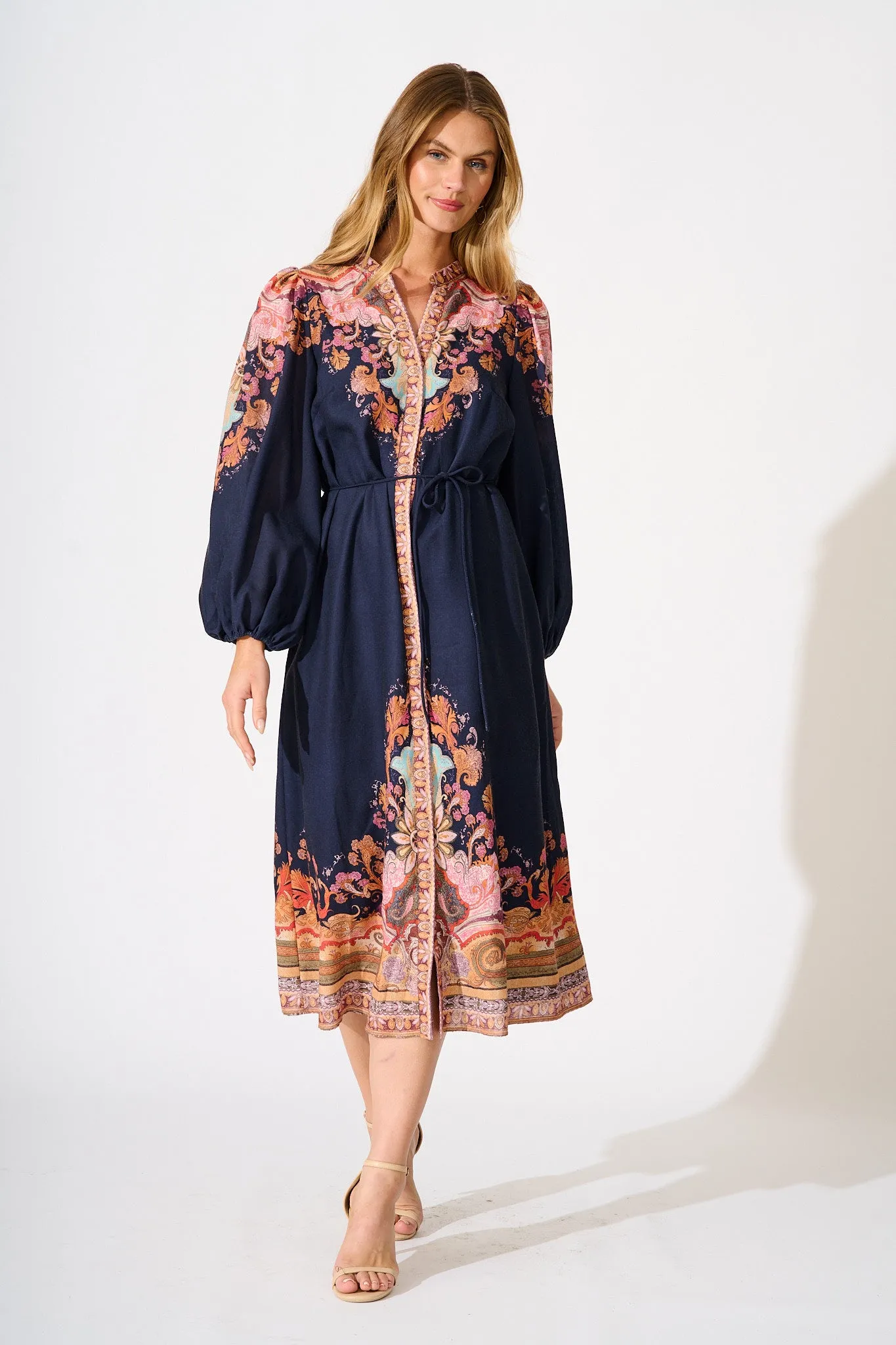 Poppy Midi Dress in Navy with Rust Print Linen Blend sold by St Frock