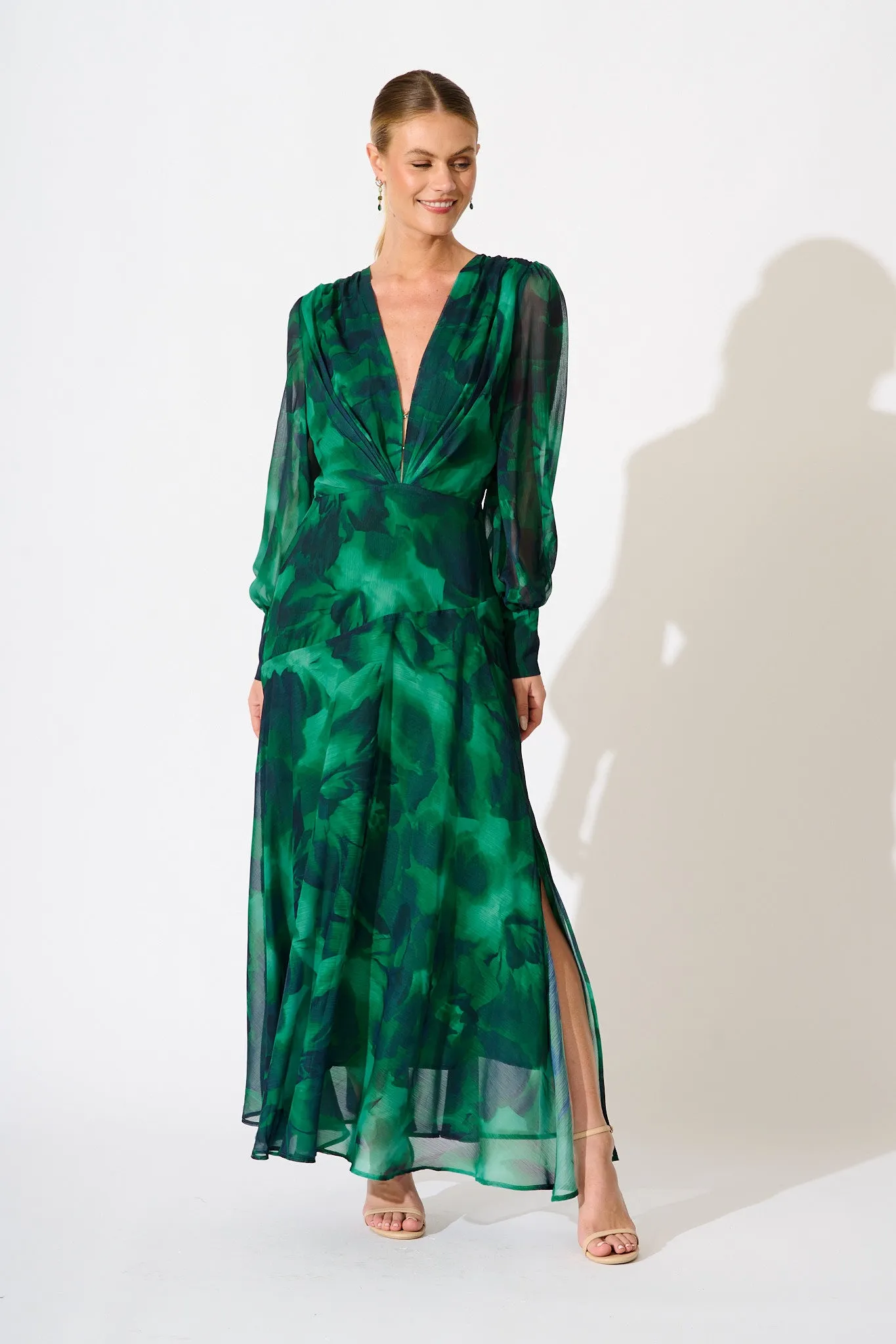 Martina Maxi Dress in Green Watercolour Chiffon sold by St Frock