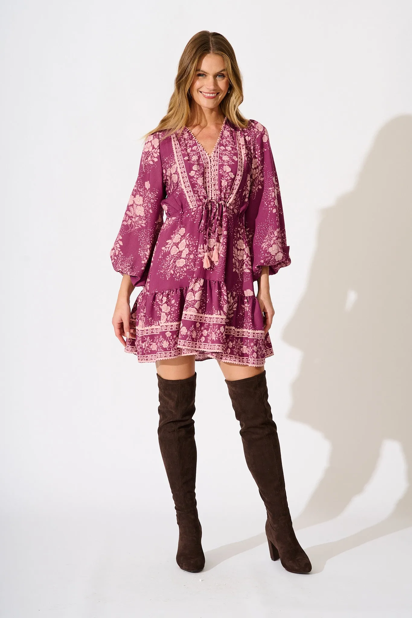 Fiorella Dress in Purple with Pink Floral sold by St Frock