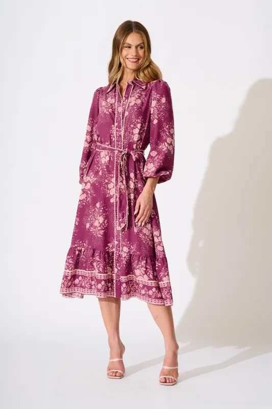 Josephina Midi Shirt Dress in Purple with Pink Floral sold by St Frock