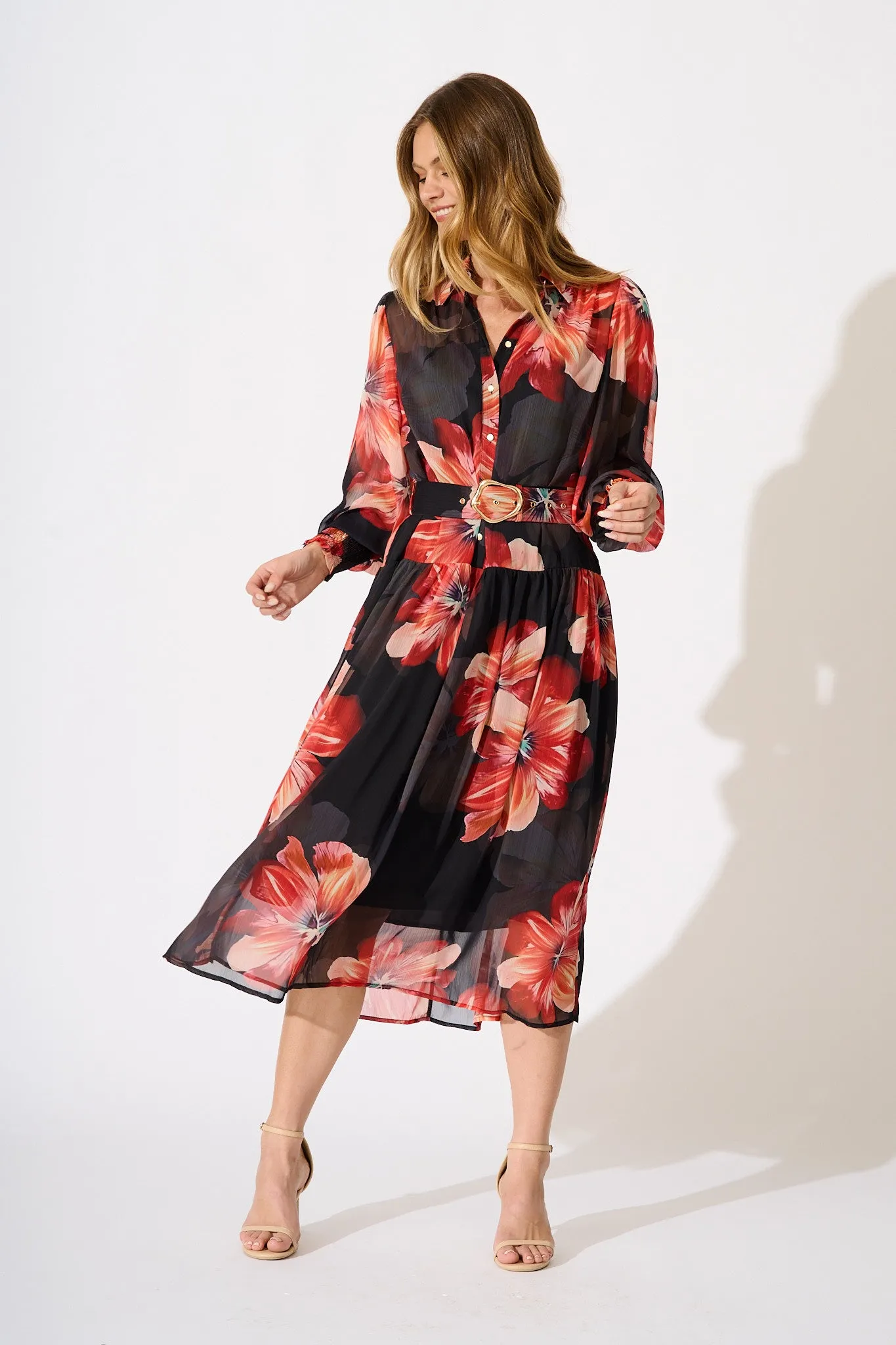 Aubrey Midi Dress in Black and Red Flower Chiffon sold by St Frock