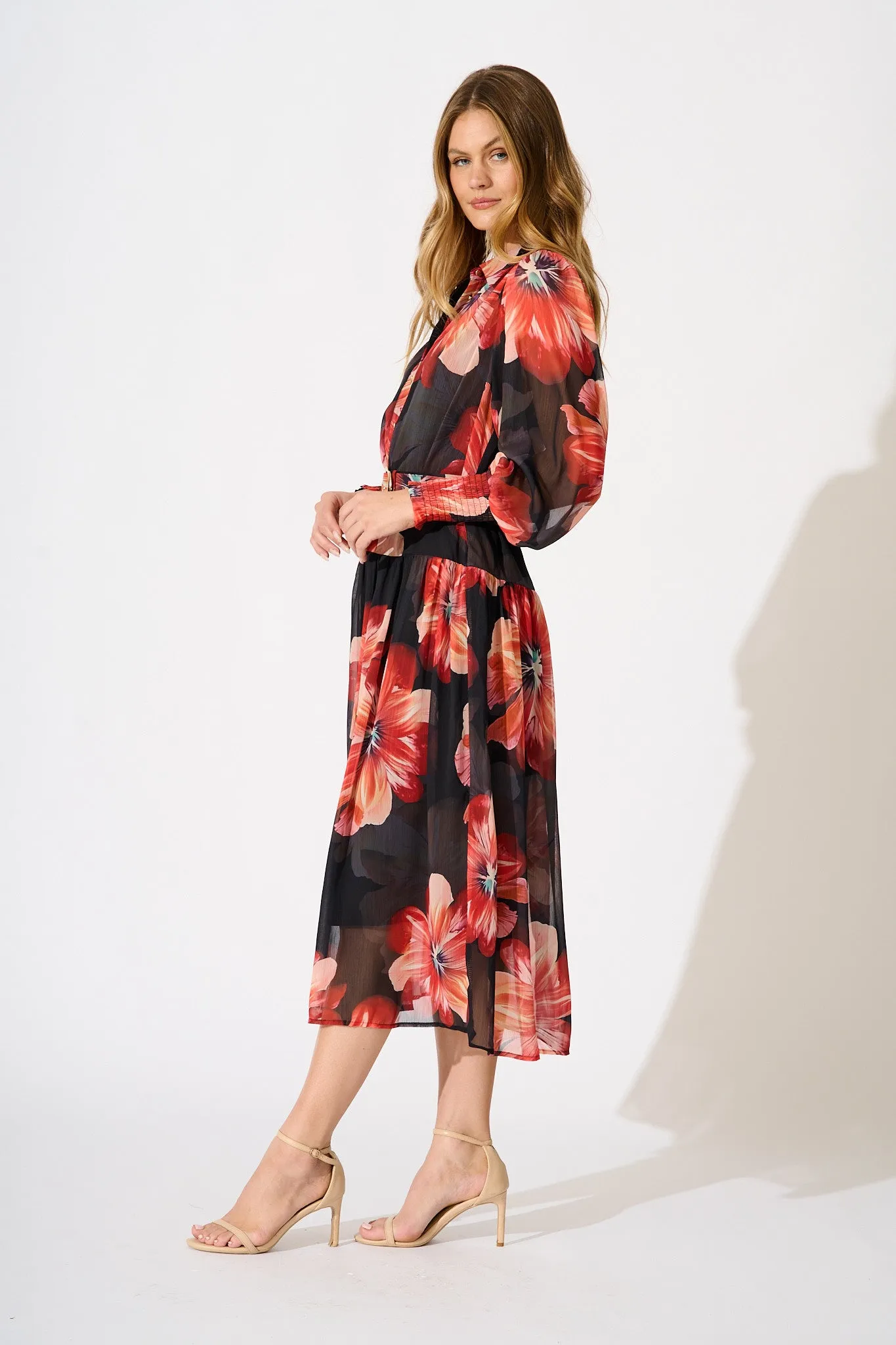 Aubrey Midi Dress in Black and Red Flower Chiffon sold by St Frock product image thumbnail 3