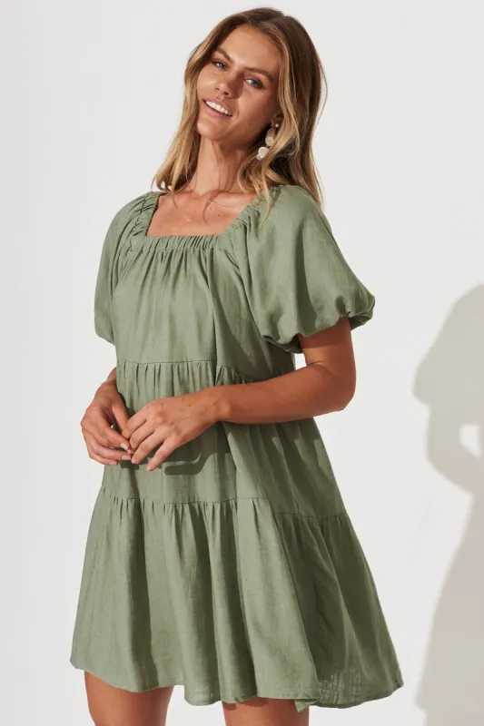 Nessa Smock Dress In Khaki Linen Blend sold by St Frock