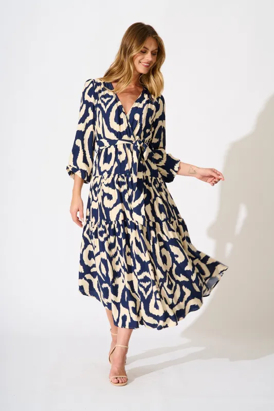 Lydia Midi Dress in Navy Cream Swirl Print sold by St Frock