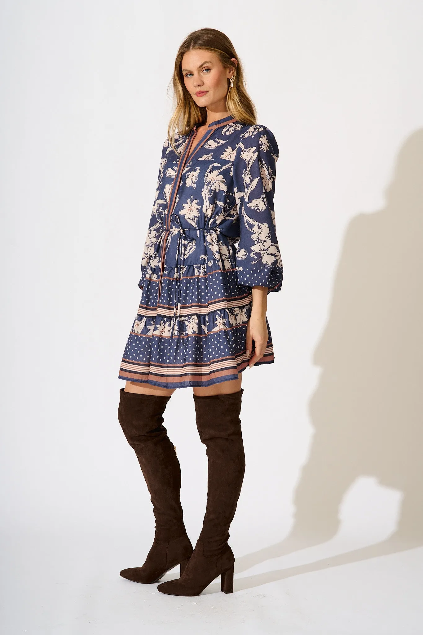 Torie Dress in Navy with Cream Floral Linen Blend sold by St Frock product image thumbnail 3