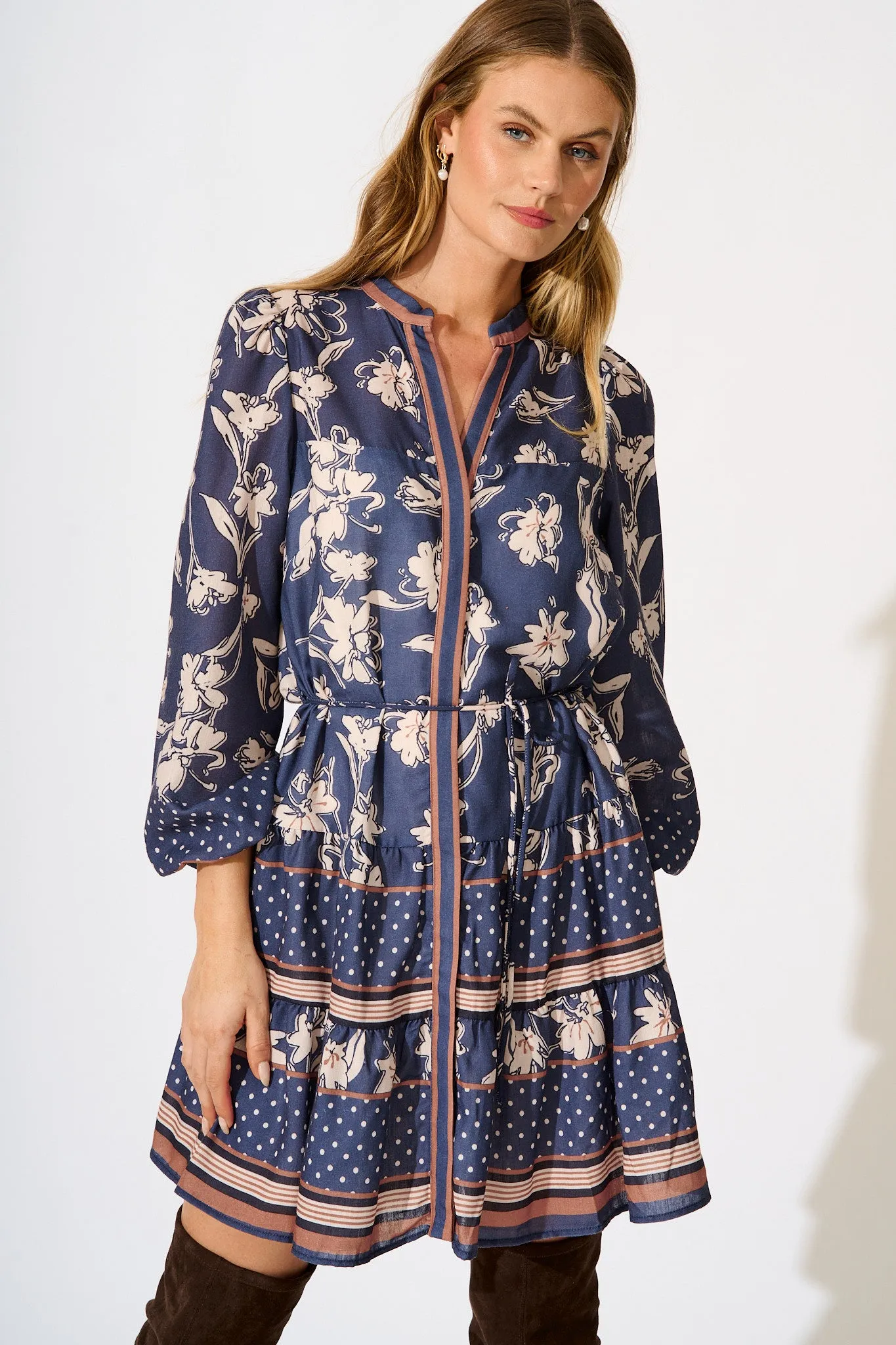 Torie Dress in Navy with Cream Floral Linen Blend sold by St Frock product image thumbnail 2