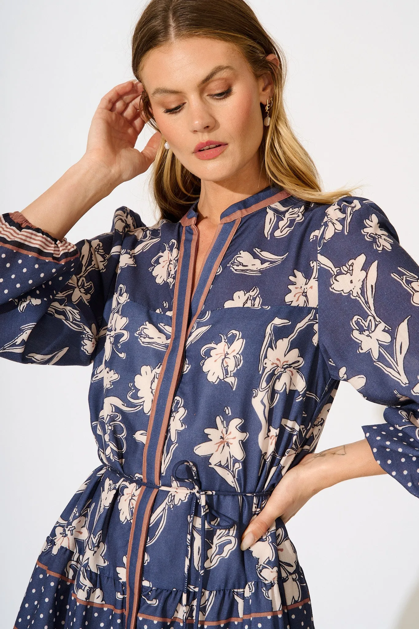 Torie Dress in Navy with Cream Floral Linen Blend sold by St Frock product image thumbnail 5