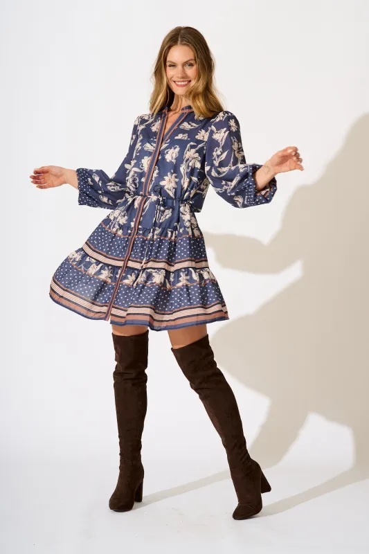 Torie Dress in Navy with Cream Floral Linen Blend sold by St Frock