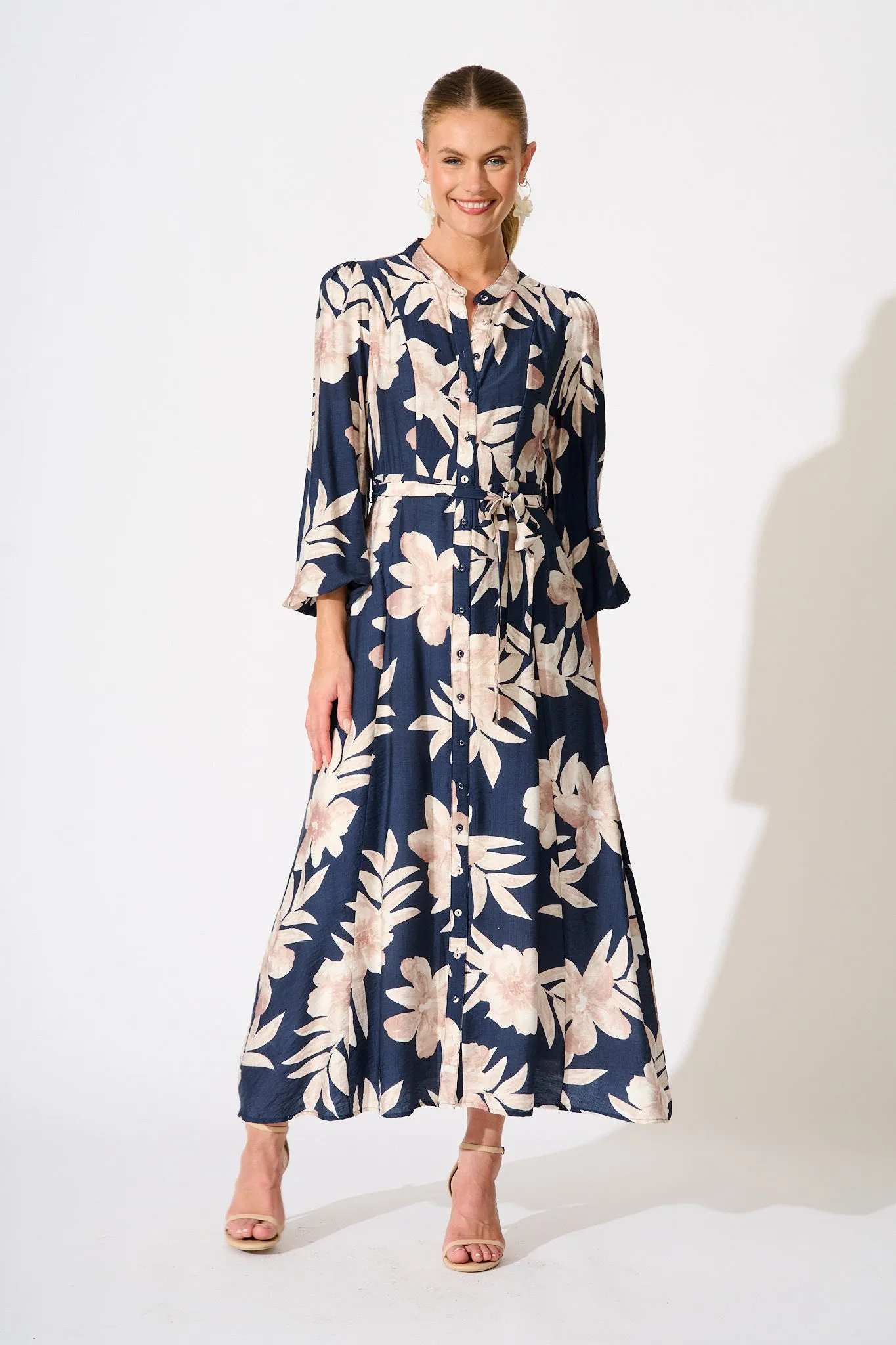 Leilani Maxi Dress in Navy with Cream Floral sold by St Frock