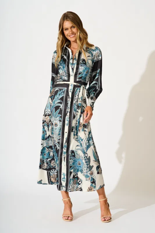Newman Maxi Shirt Dress in Black and Blue Floral sold by St Frock