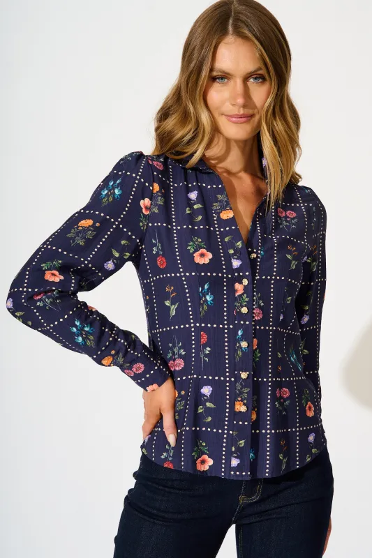 Petal Outline Shirt in Navy with Multi Floral sold by St Frock