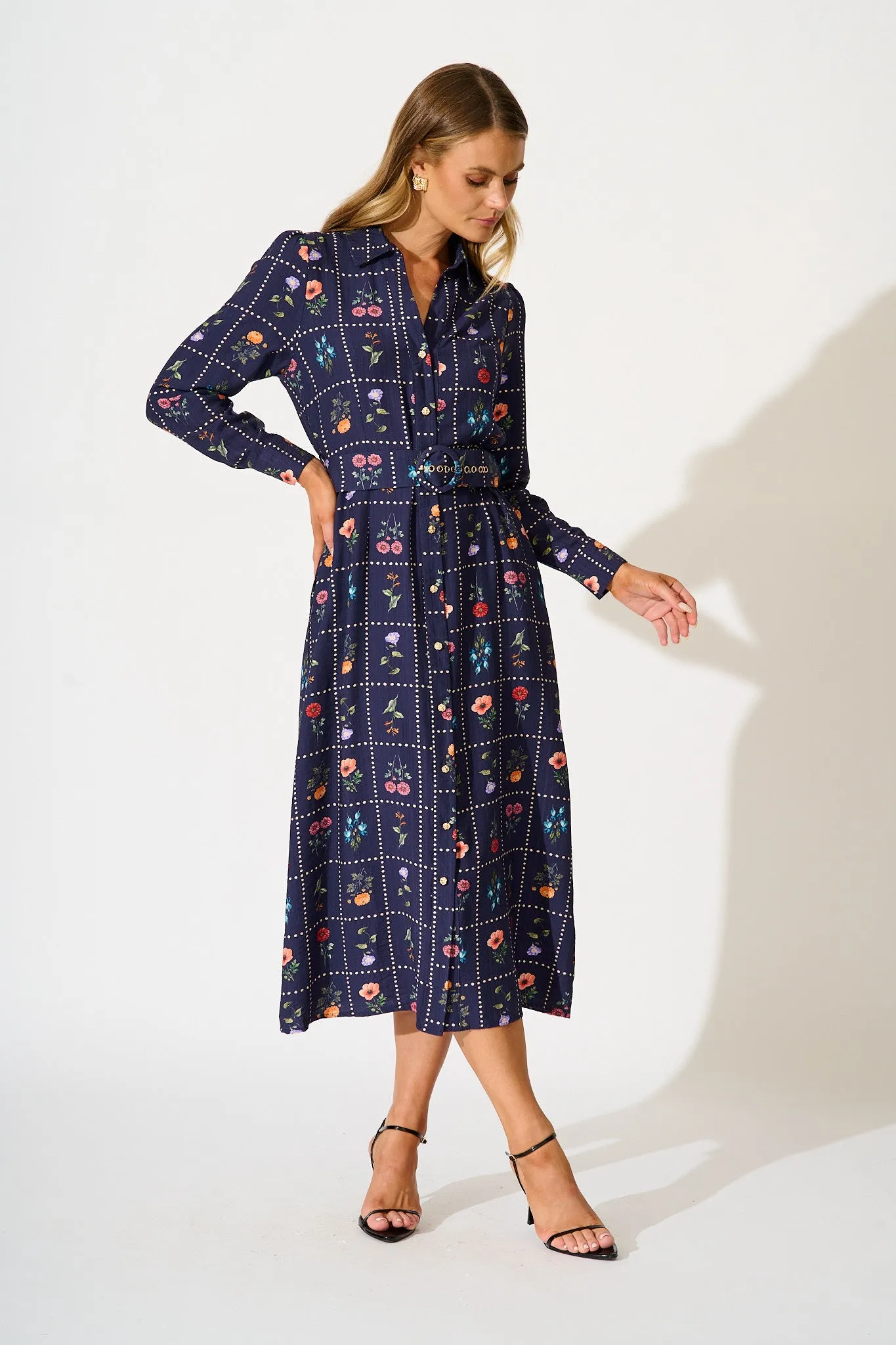 Framed in Florals Midi Shirt Dress in Navy with Multi Floral sold by St Frock