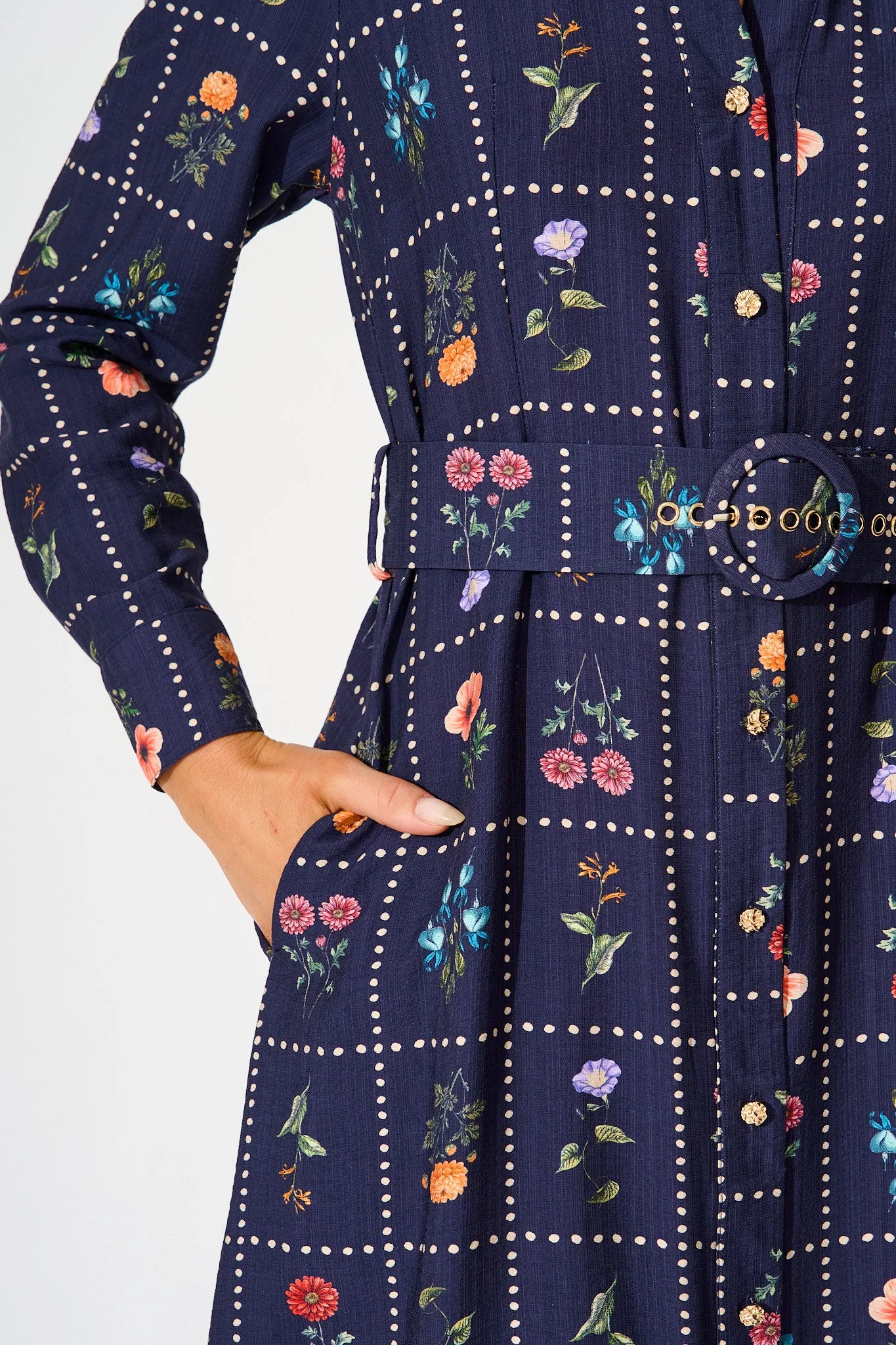 Framed in Florals Midi Shirt Dress in Navy with Multi Floral sold by St Frock product image thumbnail 5