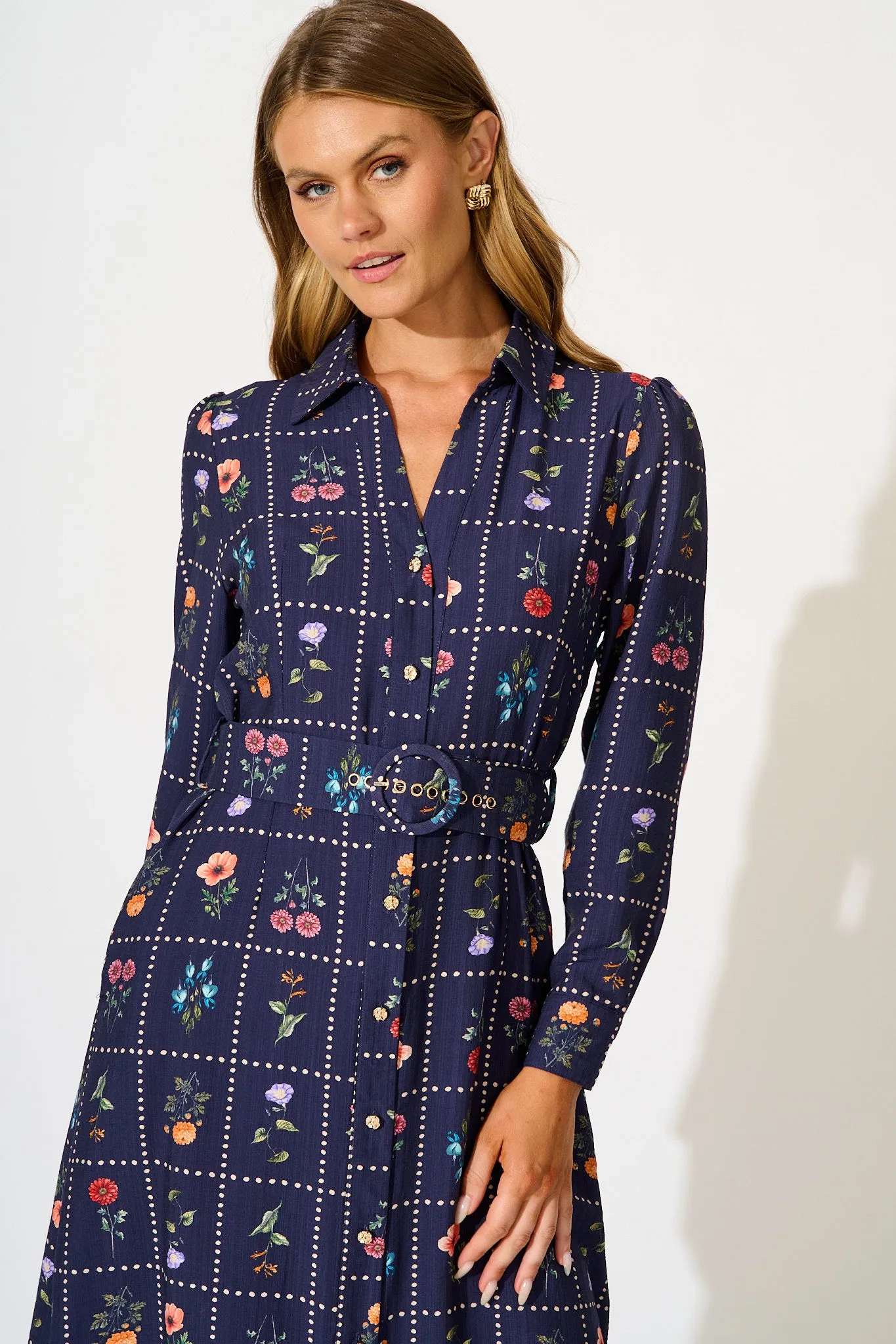 Framed in Florals Midi Shirt Dress in Navy with Multi Floral sold by St Frock product image thumbnail 2