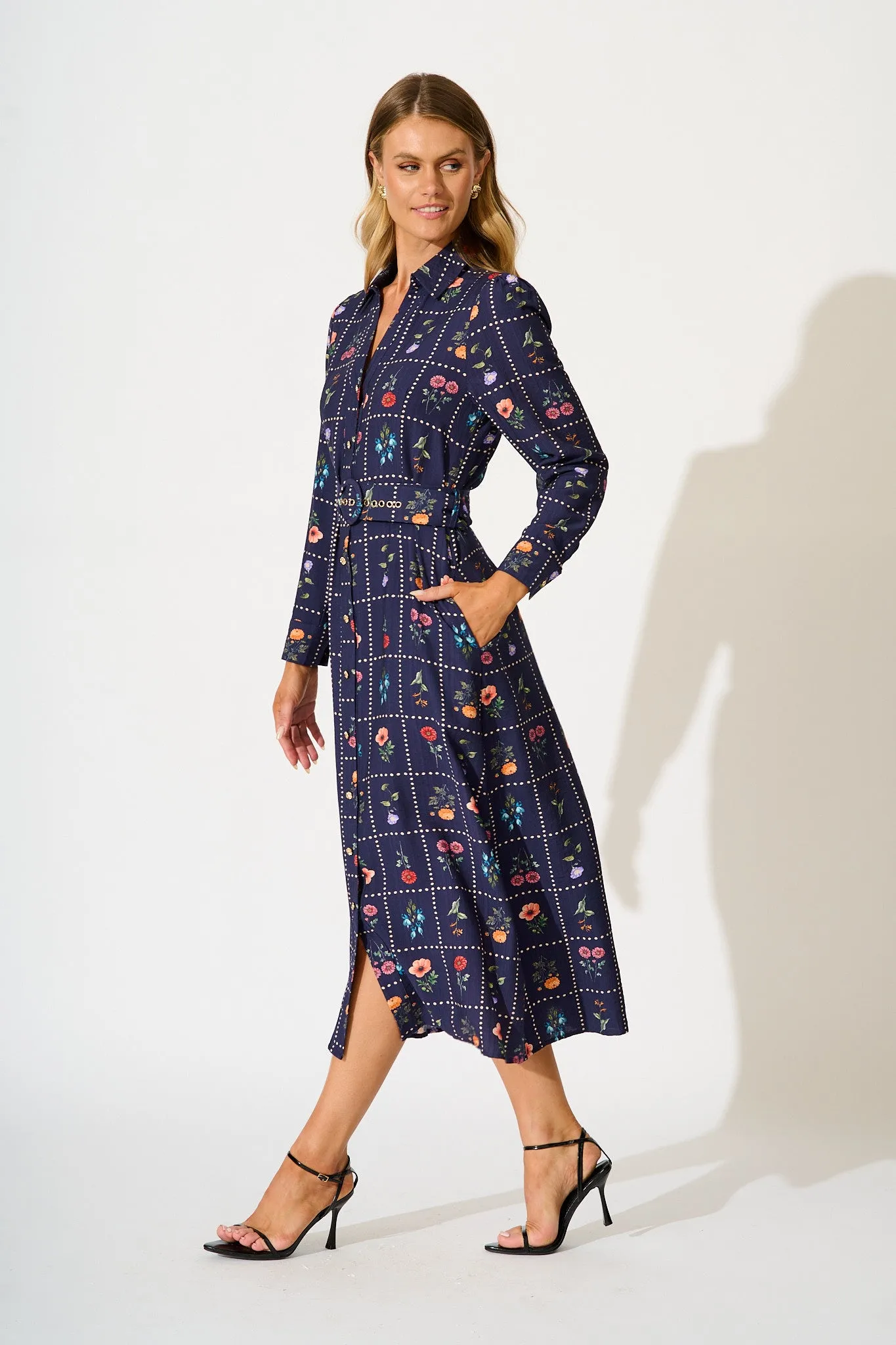 Framed in Florals Midi Shirt Dress in Navy with Multi Floral sold by St Frock product image thumbnail 3