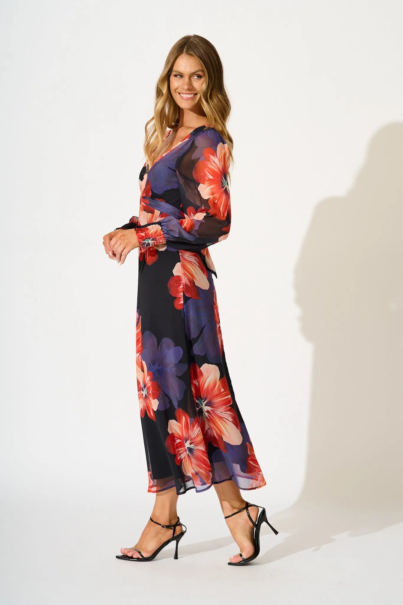Midnight Magnolia Maxi Dress in Black with Red Floral Chiffon sold by St Frock product image thumbnail 3