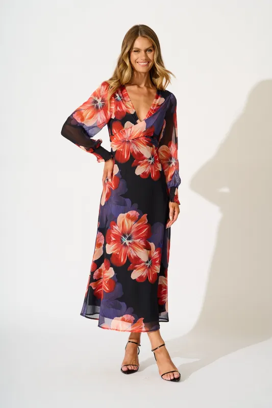 Midnight Magnolia Maxi Dress in Black with Red Floral Chiffon sold by St Frock