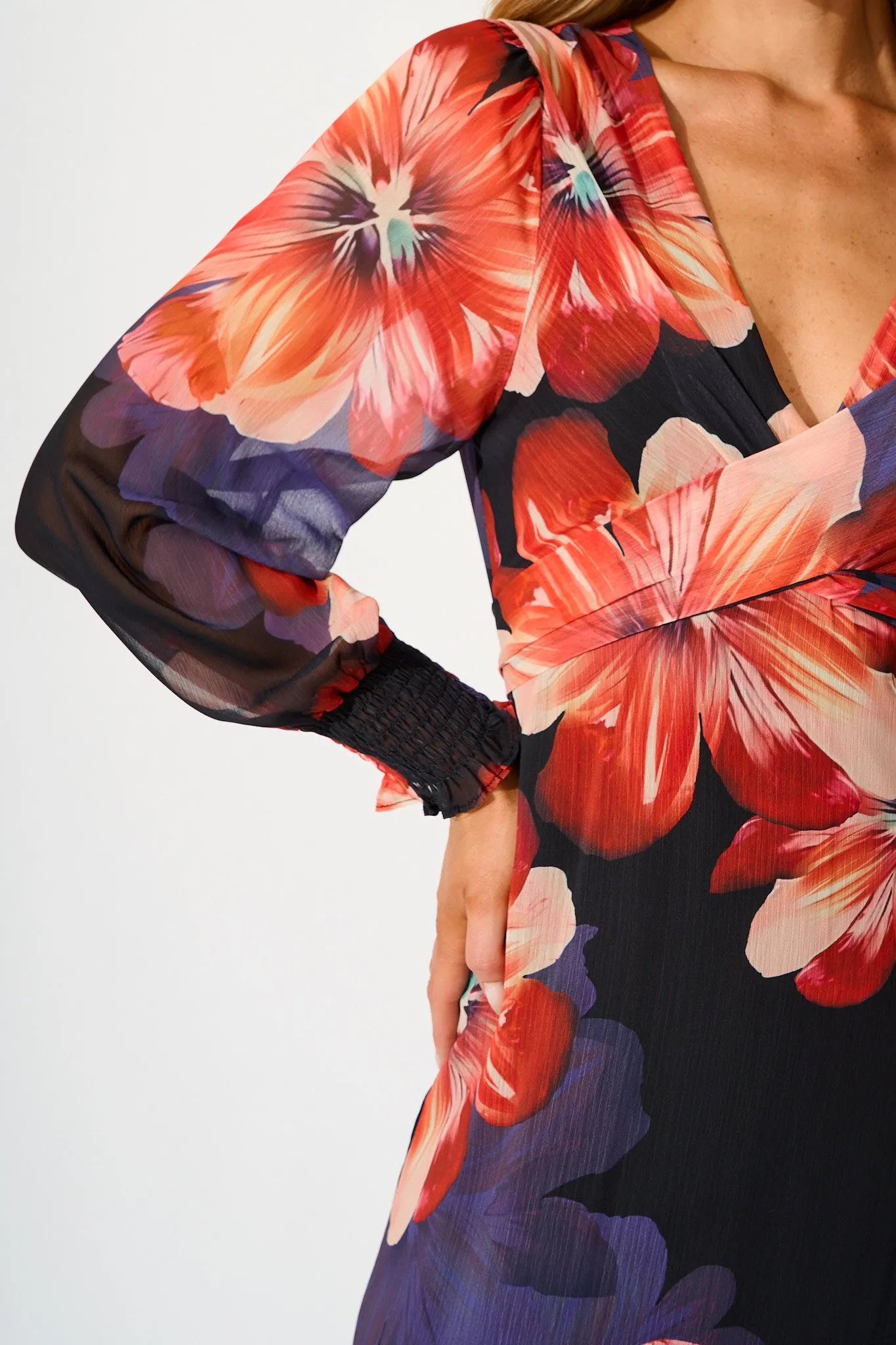 Midnight Magnolia Maxi Dress in Black with Red Floral Chiffon sold by St Frock product image thumbnail 5