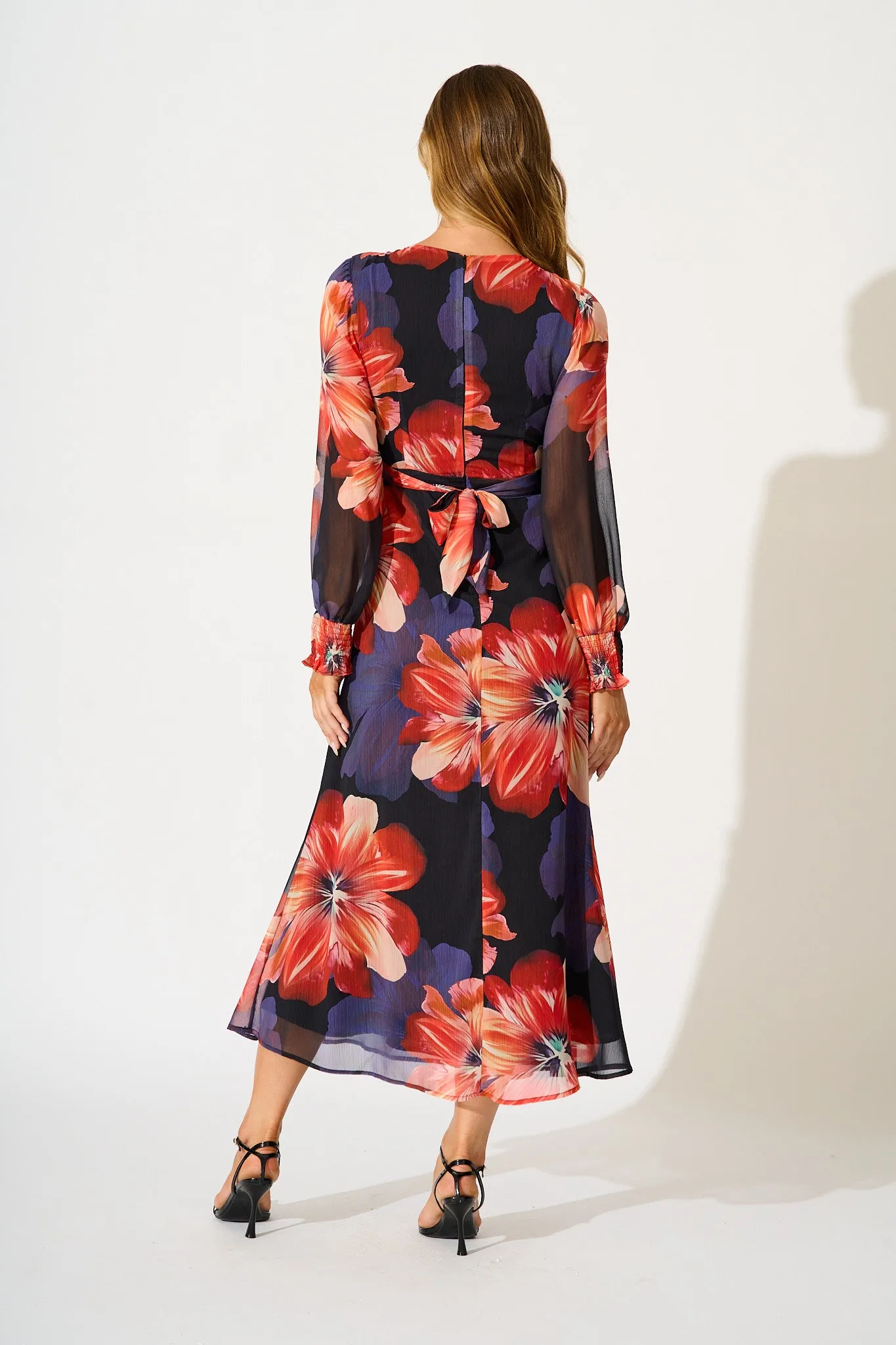 Midnight Magnolia Maxi Dress in Black with Red Floral Chiffon sold by St Frock product image thumbnail 4