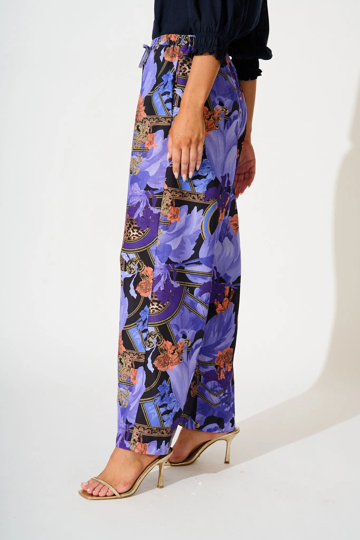 Midnight Dahlia Pant in Blue with Multi Linen Blend sold by St Frock product image thumbnail 2