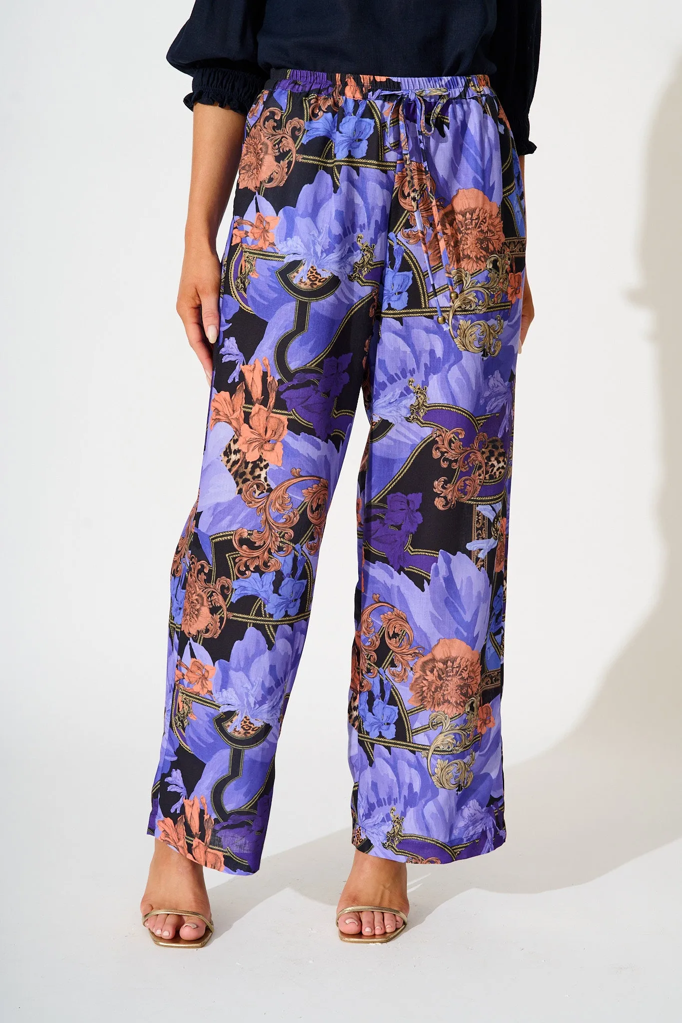 Midnight Dahlia Pant in Blue with Multi Linen Blend sold by St Frock