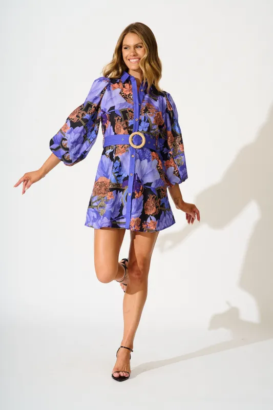 Lunar Bloom Shirt Dress in Blue with Multi Linen Blend sold by St Frock