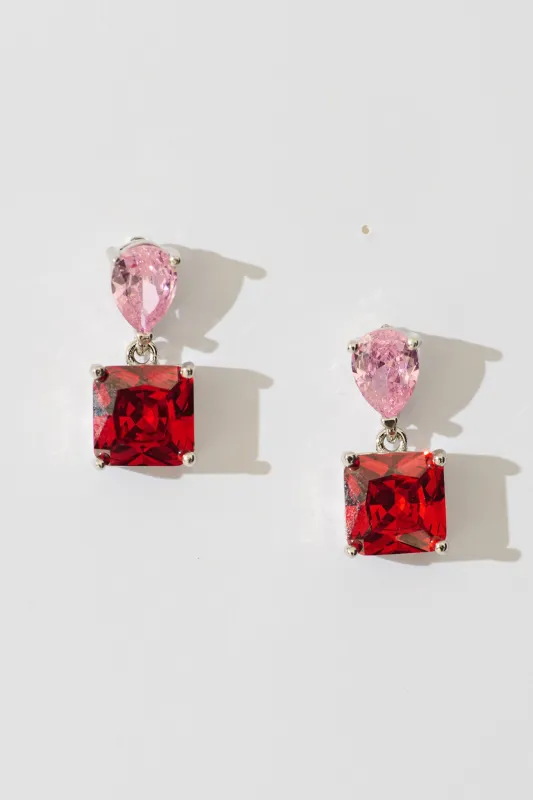 Elise Drop Earrings in Silver with Pink And Red Stones sold by St Frock